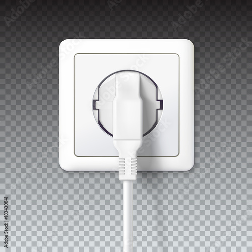 The plug is plugged into the power lines. White plug inserted in a wall socket. 3D illustration isolated on transparent background. Icon of device for connecting electrical appliances, equipment