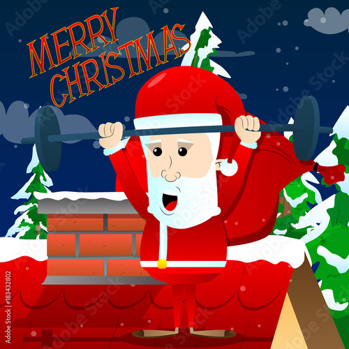 Weightlifter Santa Claus lifting barbell. Vector cartoon character illustration.