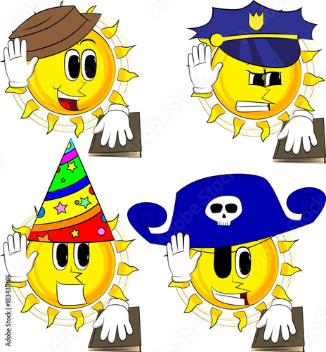 Cartoon sun raising his hand and put the other on a holy book. Taking oath or swearing. Collection with costume. Expressions vector set.
