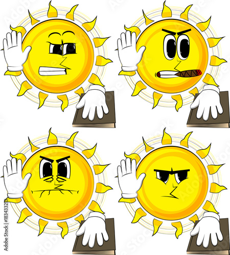 Cartoon sun raising his hand and put the other on a holy book. Taking oath or swearing. Collection with angry faces. Expressions vector set.