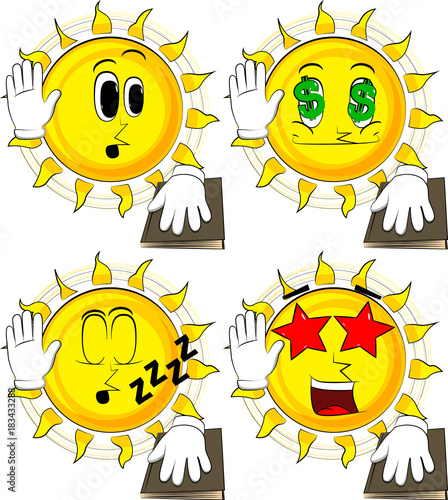 Cartoon sun raising his hand and put the other on a holy book. Taking oath or swearing. Collection with various facial expressions. Vector set.