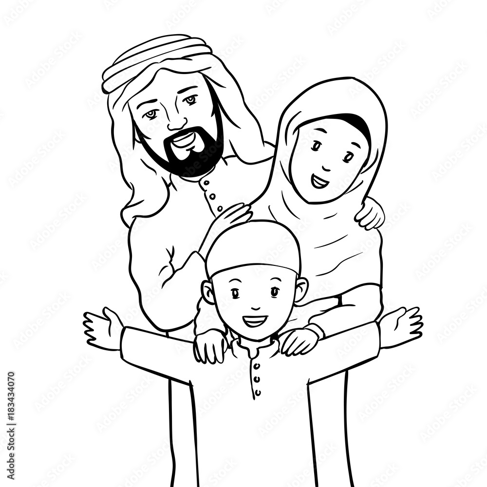 Hand drawn Happy Muslim Family-Vector Illustration