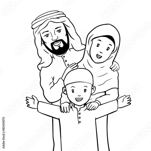 Hand drawn Happy Muslim Family-Vector Illustration