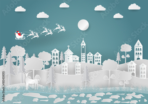 Views of the house in winter. Snow Urban Countryside Landscape City Village with Happy new year and Merry christmas,paper art and craft style. vector illustration