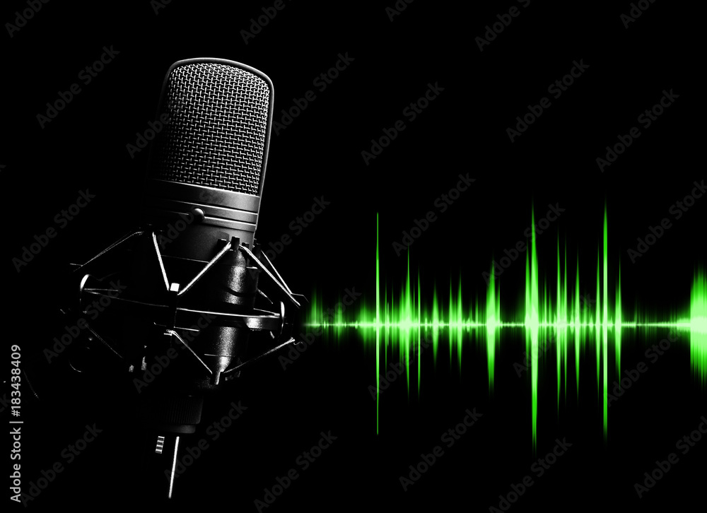 studio condenser microphone & green waveform for sound recording concept  Stock Photo | Adobe Stock