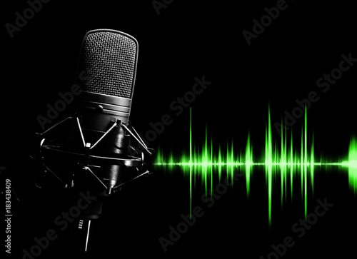studio condenser microphone & green waveform for sound recording concept