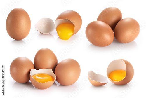 Eggs isolated on white background. Broken egg, yolk.