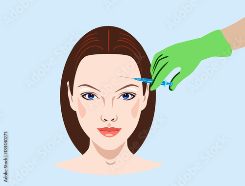 Cosmetology and beauty vector illustration. Beautiful woman having rejuvenating injection