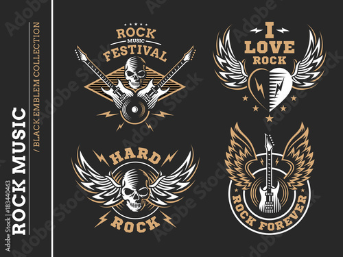 Rock music festival logo, emblem and print collections on a dark background