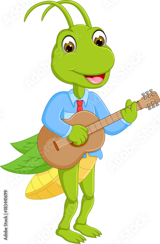 cute grasshopper cartoon standing with play guitar