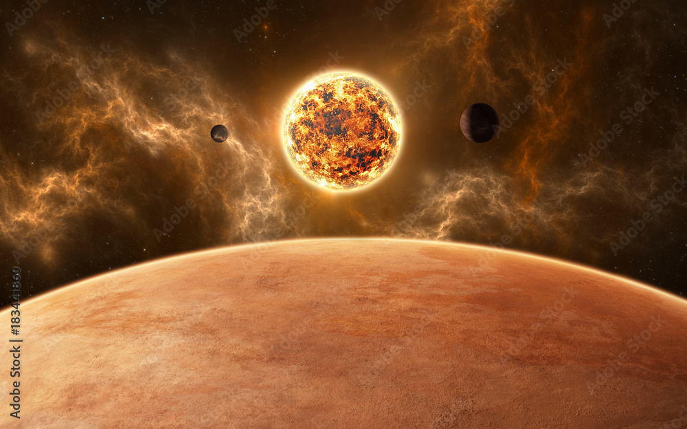Naklejka premium Planets around red dwarf star. New planetary system, 3d illustration