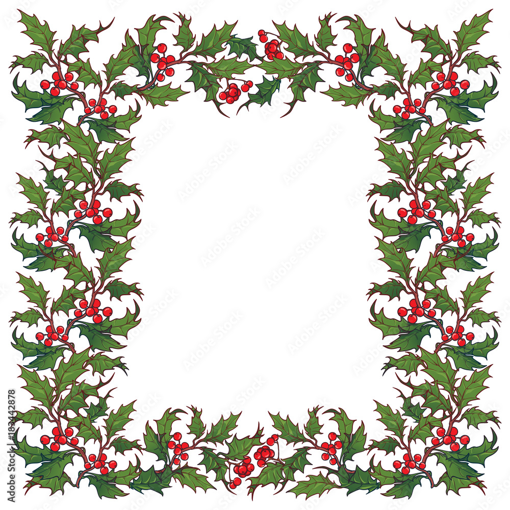 Christmas ornamental frame. Holly branches with leafs and berries. Christmas greeting card template Christmas ornamental frame. Holly branches with leafs and berries. Christmas greeting card template