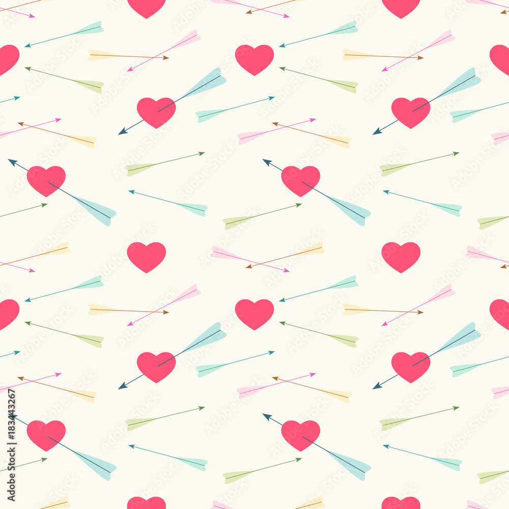 Cute Valentine's Day seamless pattern in retro style with hearts and arrows