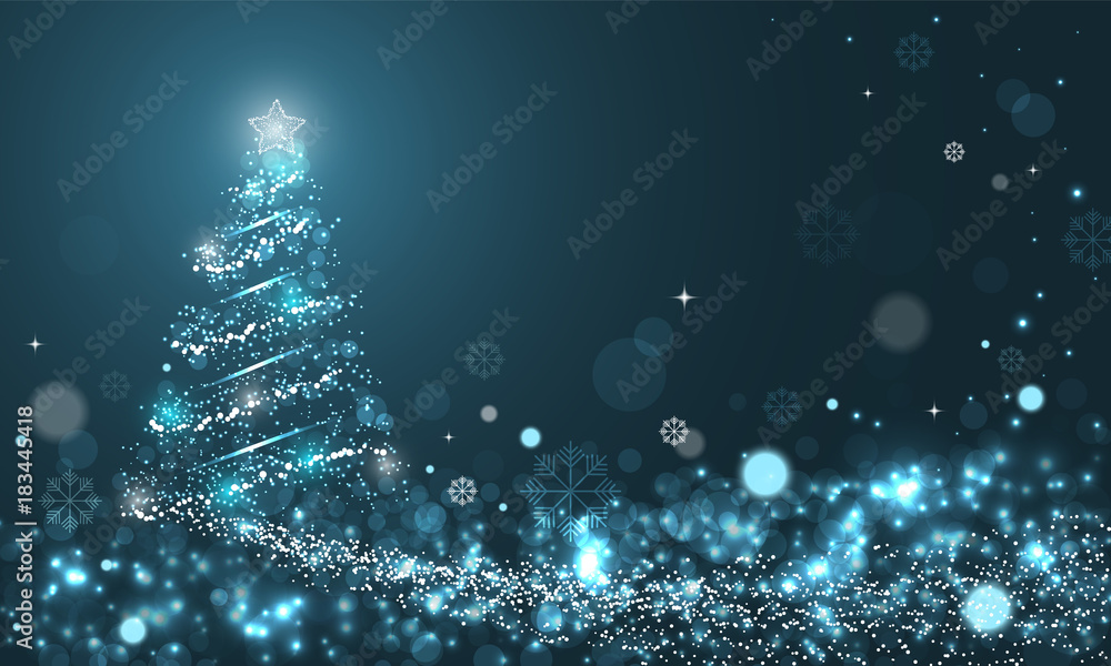 Naklejka premium Glowing Christmas tree with snowflakes on blue winter vector background with snow wave, stars and snowflakes.