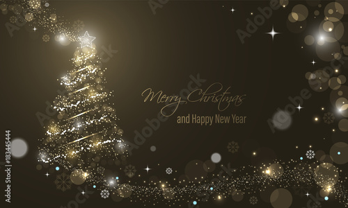 Iluminated Christmas tree with glitter, stars, snowflakes and transparent circles on a winter glowing vector background.