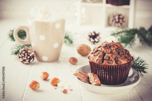 Christmas chocolate muffin and cocoa.