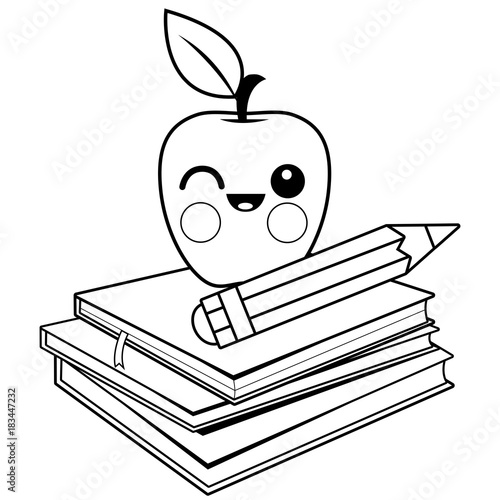 Stack of books, an apple and a pencil. Vector black and white coloring page.