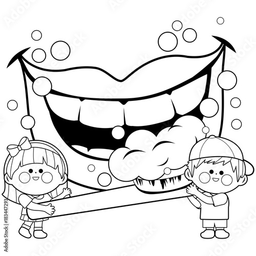 Children holding a toothbrush and brushing teeth. Vector black and white coloring page.