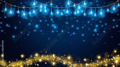 Fairy light with elegant golden concept contain more flare shape,more blue background,glowing snows,no text, and golden line on bottom.For Christmas or other celebration required  luxury theme.