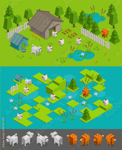 Isometric arcade game level set. Fox thief steals chickens on the farm dog protects. Different character elements background vector.