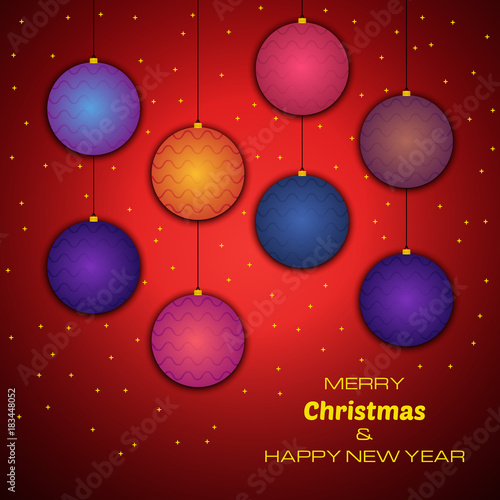 Merry Christmas and Happy New Year red background with colorful christmas balls. Vector background  for your greeting cards  invitations  festive posters.   