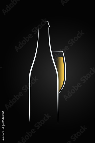 Champagne glass logo. Champagne bottle on black background