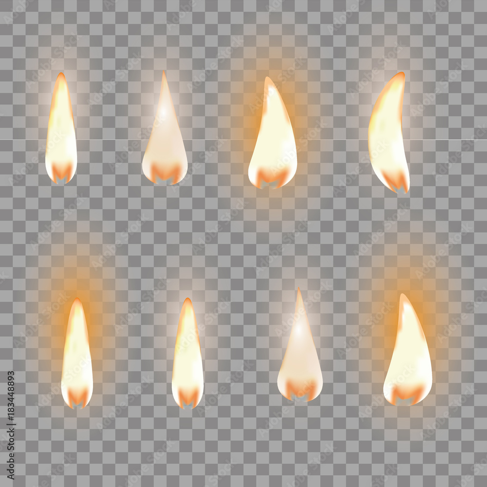 Set of fire flame. Realistic candle flame isolated on black background. Set of fire flame. Realistic candle flame isolated on black background.
