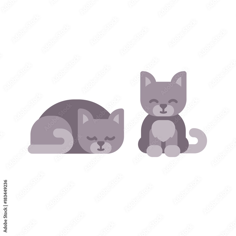 Cute little kitten sleeping and sitting flat icons Cute little kitten sleeping and sitting flat icons