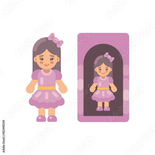 Cute doll in pink dress in a box flat icon. Little girl flat illustration