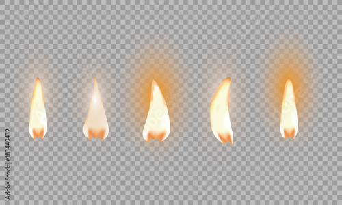 Set of fire flame. Realistic candle flame isolated on black background.