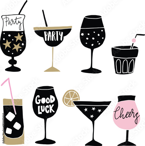 Set of hand drawn alcoholic drinks, cocktails with lettering quotes. Happy New Year celebration concept. Isolated vector icons.