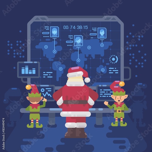 Santa Claus and his elves at Santa's control room looking at a big screen with interactive map of naughty and nice children around the world. Christmas flat illustration