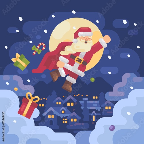 Santa Claus flying over a mountain village in a superhero cape on a snowy winter night. Christmas character greeting card flat illustration