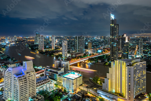 Bangkok city - Aerial view curve Chao Phraya River Bangkok city downtown skyline of Thailand , Panoramic Cityscape Thailand