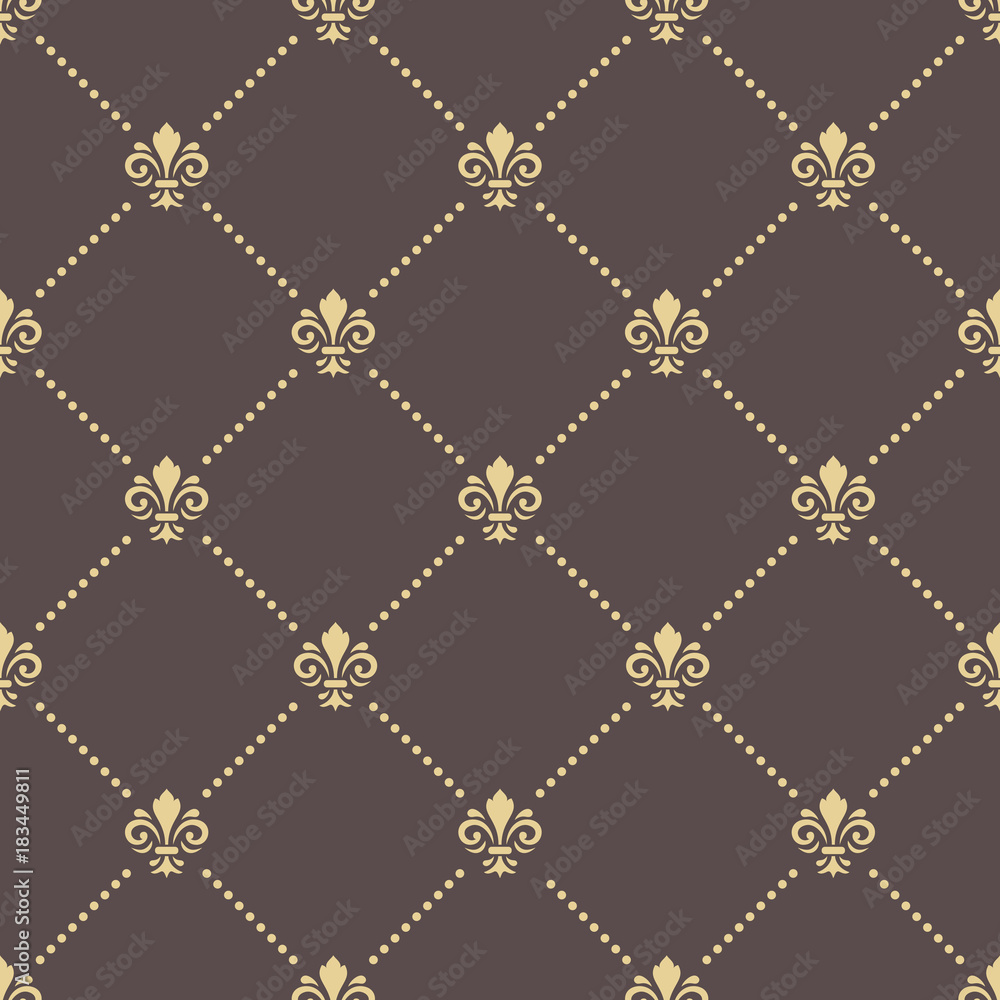 Seamless vector pattern. Modern geometric ornament with golden royal lilies. Classic vintage background Seamless vector pattern. Modern geometric ornament with golden royal lilies. Classic vintage background