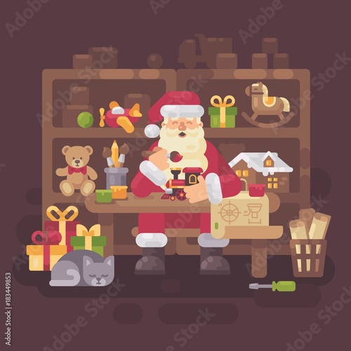 Santa Claus sitting at the desk in his workshop making toys for kids. Christmas flat illustration