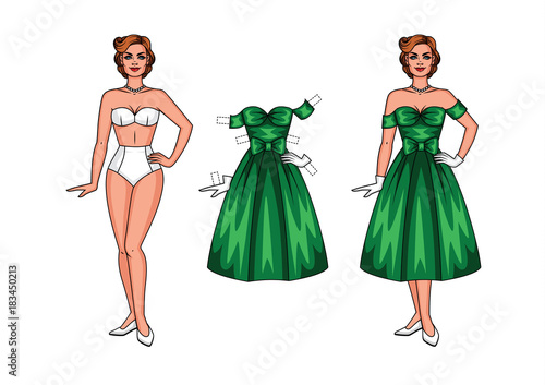 Vector illustration of a paper doll in a beautiful dress for a party. Beauty in the style of 40-50's in underwear isolated from background