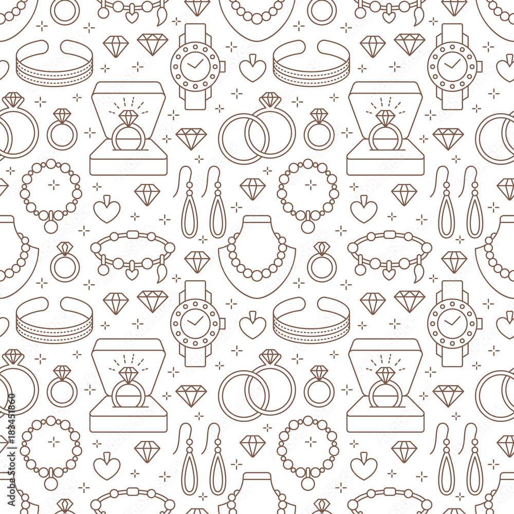 Jewelry seamless pattern, line illustration. Vector flat icons of ...