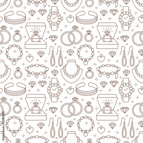 Jewelry seamless pattern, line illustration. Vector flat icons of jewels accessories - gold engagement rings, diamond, pearl necklaces, charms, watches. Fashion store repeated background.