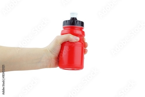 Sports red bottle for water in hand.