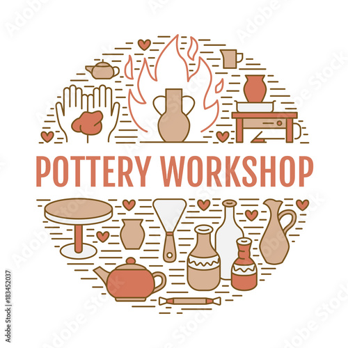 Pottery workshop  ceramics classes banner illustration. Vector line icon of clay studio tools. Hand building  sculpturing equipment. Art shop circle template with text.