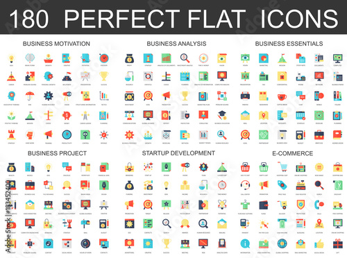180 modern flat icons set of business analysis and motivation, essentials, startup development, e commerce and finance project icons.
