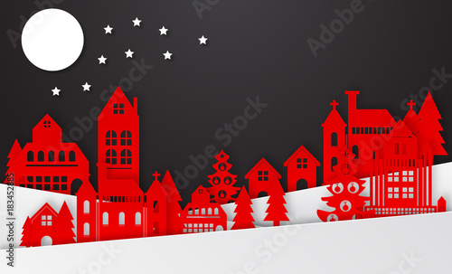 Winter Snow Urban Countryside Landscape City Village with ful lm. Winter holiday snow in city town background with santa, deer and tree. Christmas season paper art style illustration.
