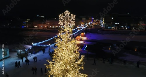 An amazing aerial view of Night fairytale Christmas Tree, Uzhgorod, Ukraine