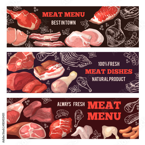 Banners with pictures of meat. Brochure design template for butcher shop