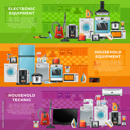 Horizontal banners set with different household technics. Electronic equipment in cartoon style
