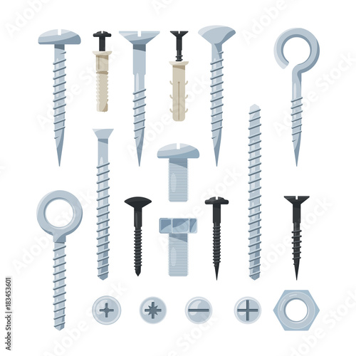 Pictures set of hardware tools. Iron bolts, nuts, nails and screws