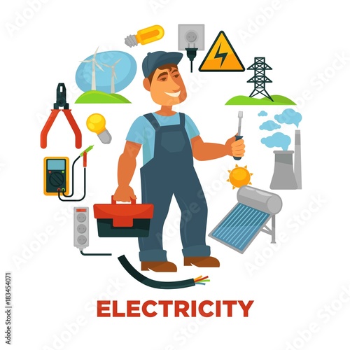 Electrician with toolkit surrounded with electricity sources and tools.
