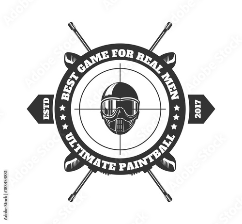 Paintball club logo template of pint ball gun rifles crossed with ribbon. Vector paintball game sport isolated retro icon of gamer shooting target weapon
