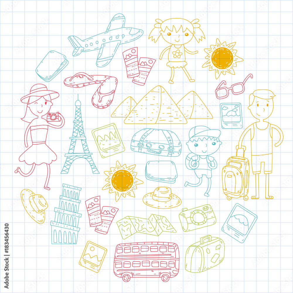 Doodle vector set Travel , vacation, adventure. Children with parents